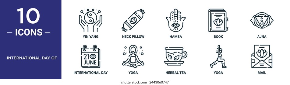 international day of outline icon set includes thin line yin yang, neck pillow, hamsa, book, ajna, international day of yoga, yoga icons for report, presentation, diagram, web design