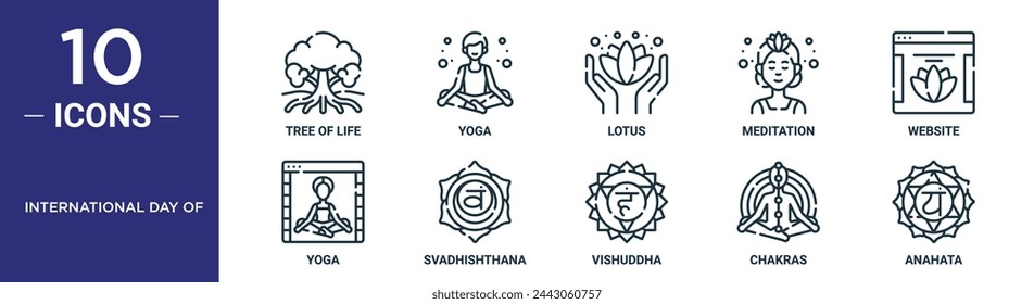 international day of outline icon set includes thin line tree of life, yoga, lotus, meditation, website, yoga, svadhishthana icons for report, presentation, diagram, web design