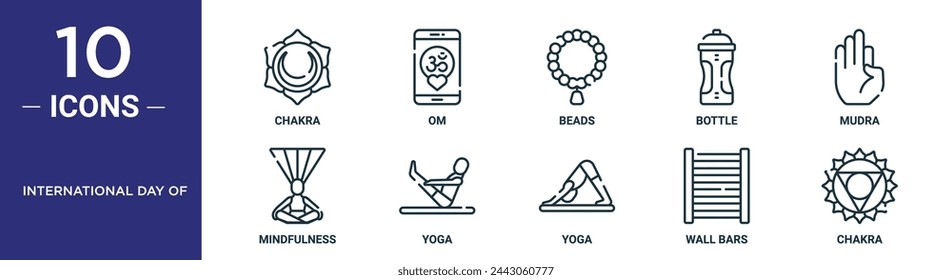 international day of outline icon set includes thin line chakra, om, beads, bottle, mudra, mindfulness, yoga icons for report, presentation, diagram, web design