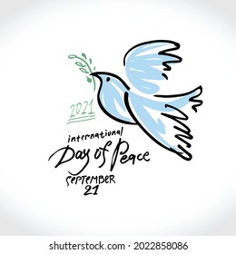 International Day of Peace. 2021. Dove with an olive branch in its beak. Painting sketch illustration. Vector template for design