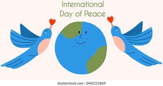International Day of Peace background. 21 September. 
Cartoon planet and two doves. Vector illustration in hand draw style. 