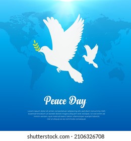 Fondo del Día Internacional de la Paz con dos palomas voladoras y una silueta del Mapa Mundial. Ilustración vectorial del diseño del Día de la Paz