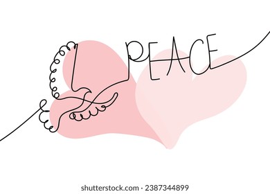 International Day of Peace. Bird. Continuous line drawing of a heart. Vector web banner, illustration, poster, postcard for social media, networking. Text. Concept of love, peace and kindness. Doodle.