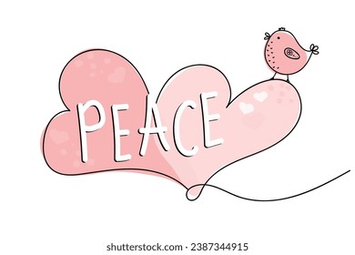International Day of Peace. Bird. Continuous line drawing of a heart. Vector web banner, illustration, poster, postcard for social media, networking. Text. Concept of love, peace and kindness. Doodle.
