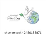 International Day of Peace. Bird, globe, flowers continuous drawing. Concept of love, peace and kindness. Text. Vector