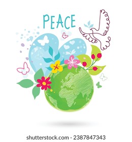 International Day of Peace. Bird, globe, flowers, heart continuous drawing. Concept of love, peace and kindness. Text. Vector web banner, illustration, poster, postcard for social media, networking.