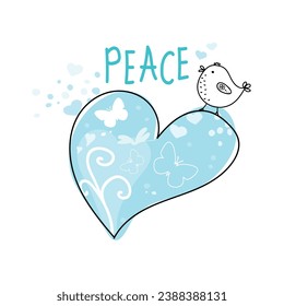 International Day of Peace. Bird, globe, flowers, heart continuous drawing. Concept of love, peace and kindness. Text. Vector web banner, illustration, poster, postcard for social media, networking.