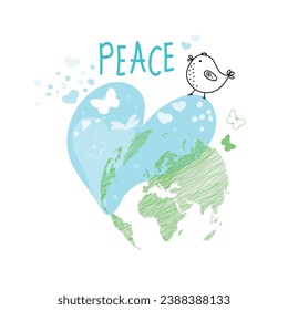 International Day of Peace. Bird, globe, flowers, heart continuous drawing. Concept of love, peace and kindness. Text. Vector web banner, illustration, poster, postcard for social media, networking.