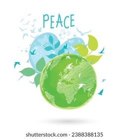 International Day of Peace. Bird, globe, flowers, heart continuous drawing. Concept of love, peace and kindness. Text. Vector web banner, illustration, poster, postcard for social media, networking.