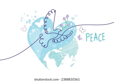 International Day of Peace. Bird, globe, flowers, heart continuous drawing. Concept of love, peace and kindness. Text. Vector web banner, illustration, poster, postcard for social media, networking.