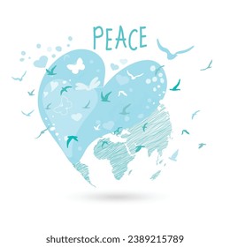 International Day of Peace. Bird, globe, flowers, heart continuous drawing. Concept of love, peace and kindness. Text. Vector web banner, illustration, poster, postcard for social media, networking.