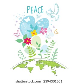 International Day of Peace. Bird, globe, flowers, heart continuous drawing. Concept of love, peace and kindness. Text. Vector web banner, illustration, poster, postcard for social media, networking.