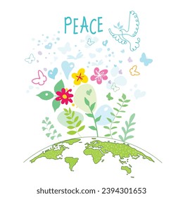 International Day of Peace. Bird, globe, flowers, heart continuous drawing. Concept of love, peace and kindness. Text. Vector web banner, illustration, poster, postcard for social media, networking.