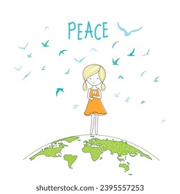 International Day of Peace. Bird, globe, flowers, heart continuous drawing. Concept of love, peace and kindness. Text. Vector web banner, illustration, poster, postcard for social media, networking.