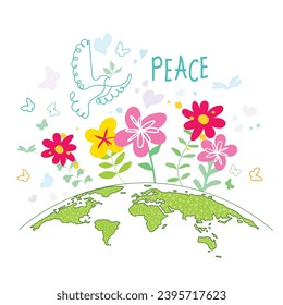 International Day of Peace. Bird, globe, flowers, heart continuous drawing. Concept of love, peace and kindness. Text. Vector web banner, illustration, poster, postcard for social media, networking.