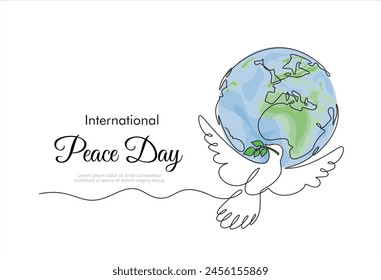 International Day of Peace. Bird, globe, flowers continuous drawing. Concept of love, peace and kindness. Text. Vector