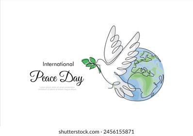 International Day of Peace. Bird, globe, flowers continuous drawing. Concept of love, peace and kindness. Text. Vector