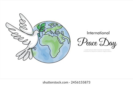 Día Internacional de la Paz. Pájaro, globo, flores, dibujo continuo. Concepto de amor, paz y bondad. Texto. Vector