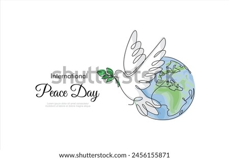 International Day of Peace. Bird, globe, flowers continuous drawing. Concept of love, peace and kindness. Text. Vector