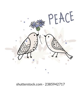 International Day of Peace. Bird. Vector web banner, illustration, poster, postcard for social media, networking. Text of the International Day of Peace. Concept of love, peace and kindness. Doodle.