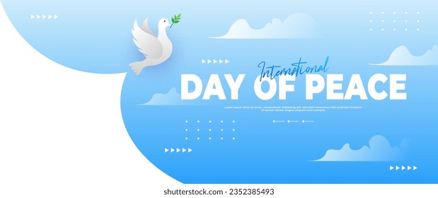 international day of peace blue banner, with dove, leaf and cloud elements