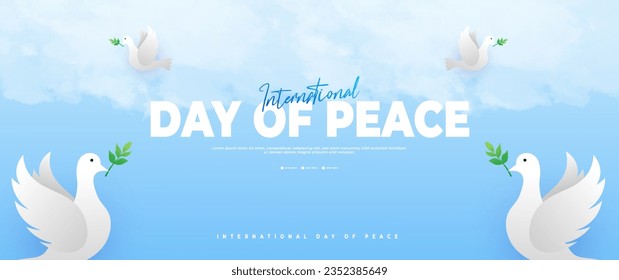 international day of peace blue banner, with dove, leaf and cloud elements