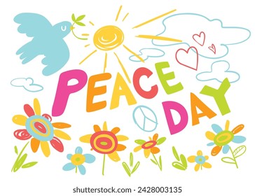 International day of peace. Children doodles. Colorful vector illustration. Isolated white background