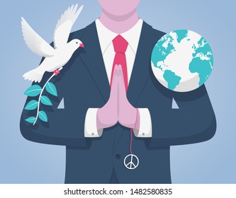 International Day of Peace. The concept of a flying dove with an olive branch, a globe and a harmonious man in a suit. Vector illustration.