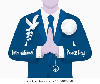 International Day of Peace. The concept of a flying dove with an olive branch, a globe and a man in a corporate office suit. Vector illustration.