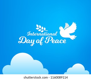 International day of peace. Concept illustration with dove of Peace day. Olive branch. Vector blue background.