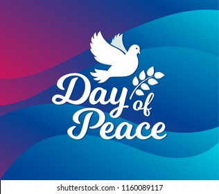 International day of peace. Concept illustration with dove of Peace day. Olive branch. Vector waves background.