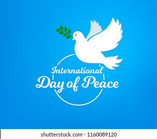 International day of peace. Concept illustration with dove of Peace day. Olive branch. Vector blue background.