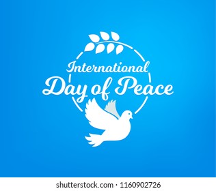 International day of peace. Concept illustration with dove of Peace day. Olive branch. Vector blue background.