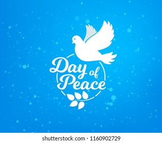 International day of peace. Concept illustration with dove of Peace day. Olive branch. Vector blue background.