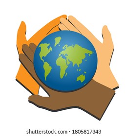 International Day of Peace concept. Multicolored hands hold a globe on a white background. Vector illustration.