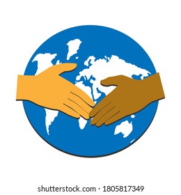 International Day of Peace concept. Multicolored hands on near the Earth globe on a white background. Vector illustration.