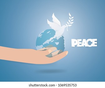 International Day of peace concept with The pigeons flying ejected from the earth in hand on blue background,vector and illustration paper craft style