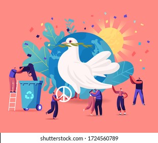 International Day of Peace Concept. Tiny Male and Female Characters Hugging, Throw Out Gun to Litter Bin around of Earth Globe and Huge Dove Carrying Leaf Branch. Cartoon People Vector Illustration
