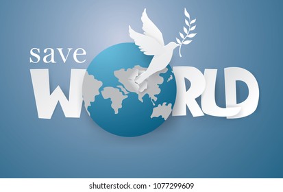 International Day of peace concept with the white Pigeons fly on the World ,paper craft style