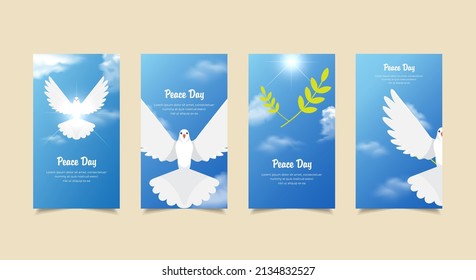 International day of peace design Stories Collection. Peace day template stories suitable for promotion, marketing etc. Celebration International day of peace background with pigeon and blue sky