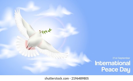 International day of peace with dove adn leaves. International Peace Day. 21st September. Vector illustration. Perfect for banner, backdrop, wallpaper, flyer, brochure, poster, background, campaign.