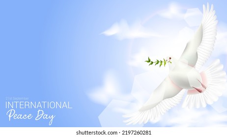 International day of peace with dove adn leaves. International Peace Day. 21st September. Vector illustration. Perfect for banner, backdrop, wallpaper, flyer, brochure, poster, background, campaign.