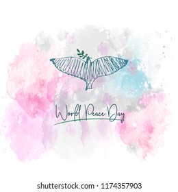 International Day of peace. Dove and hand written text on watercolor background . Vector illustration, design element for congratulation cards, print, banners