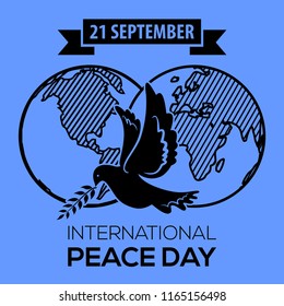 International Day of Peace. Peace dove with olive branch. Greeting Card, Emblem or Banner. Vector illustration