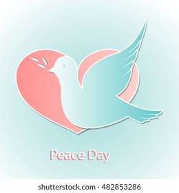 International day of peace. A dove with an olive branch on a background of pink hearts.