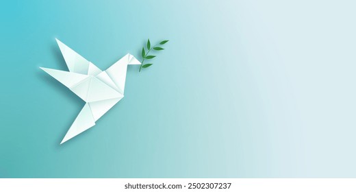 International Day of Peace. Flying dove with olive branch on light background. Vector illustration.