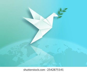 International Day of Peace. Flying dove with olive branch on light background with globe of planet earth. Vector illustration.