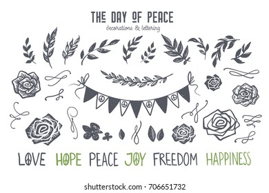 International day of peace graphic and lettering set. Linocut style flowers, florals and flourishes, roses, ribbons, flags, branches and leafs. Hand drawn vector elements.