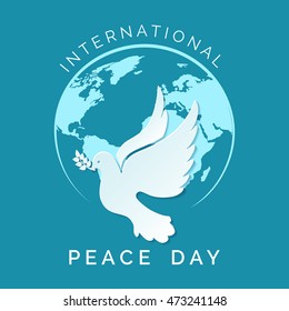 International day of Peace illustration. Dove of Peace fly against globe silhouette.