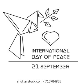 Día Internacional de la Paz conocido como Día Mundial de la Paz. Diseño del logotipo de la línea. 21 de setiembre. El origami de papel paloma con un sorbo de paz. Ilustración del vector